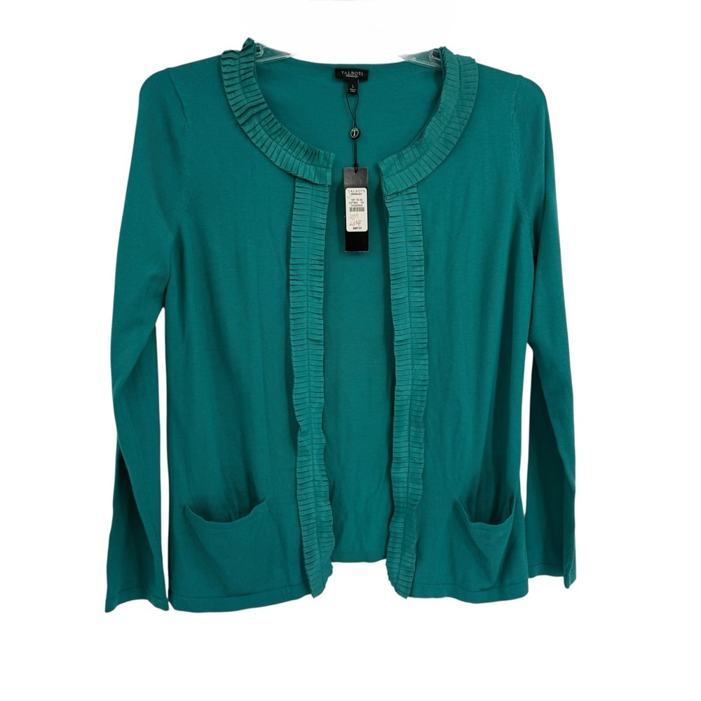Talbots Cardigan Sweater Womens Size L Cotton Green NWT Ruffle Trim Open Front